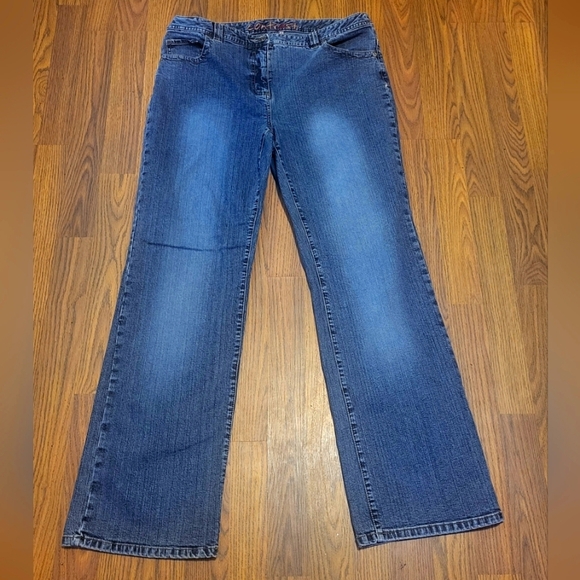 Y2K Contrast Wide Leg Jeans Women’s Size 14 Vintage 2000s Bootcut Mid Rise B44 - Picture 1 of 7